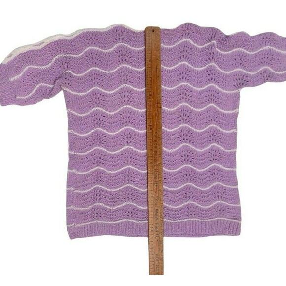 Womens M L Hand Knit Handmade Purple Short Sleeve Sweater Grannycore Cottage - Picture 11 of 12